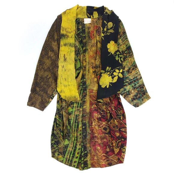 URU Tops - Vintage URU Lagenlook Hand Dyed Artisan Mixed Print Midi Kimono Cover Up OS